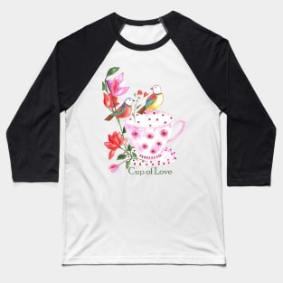 Cup of love, red and yellow birds on a pink floral cup Baseball T-Shirt